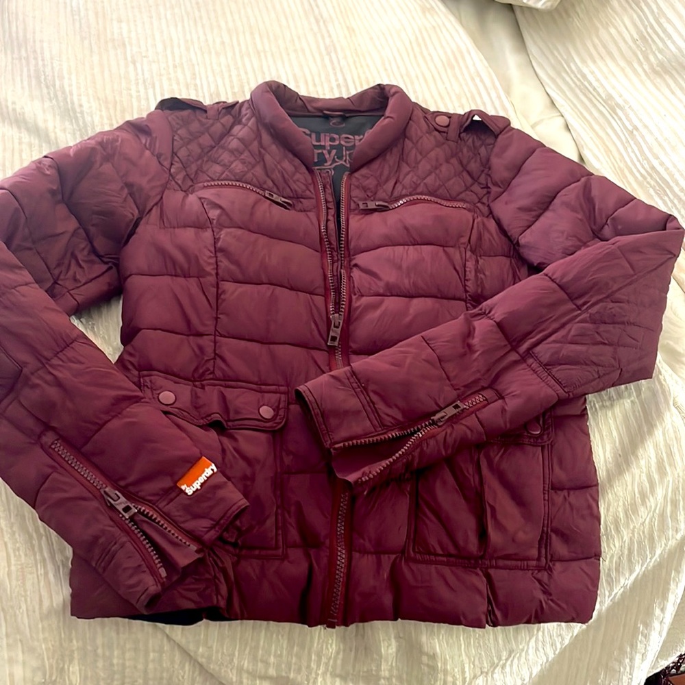 Burgundy light weight puffer in small by super dry